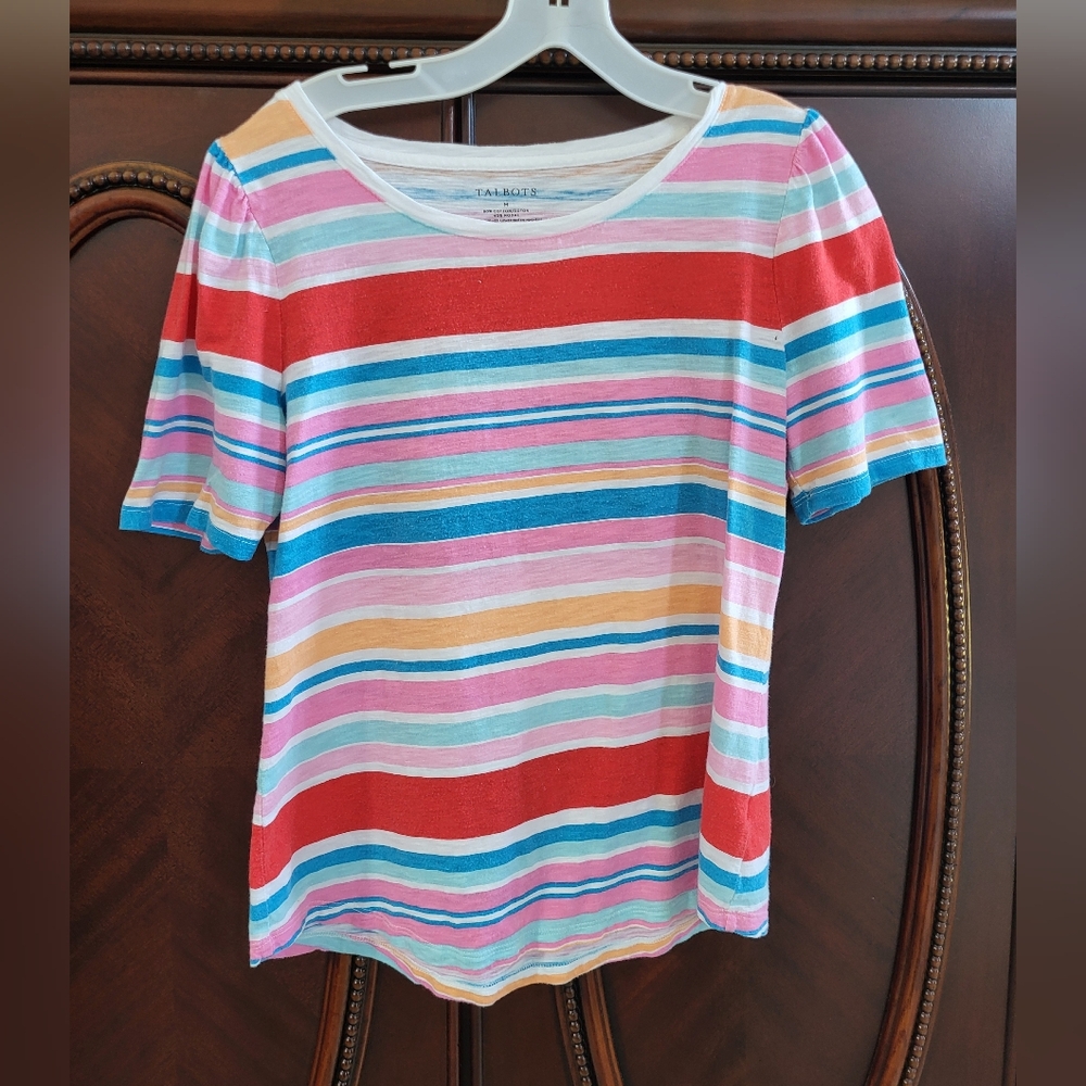 Talbots Multicolor Short-Sleeve Striped Knit Tee — Red, Pink, Blue Sz Medium
